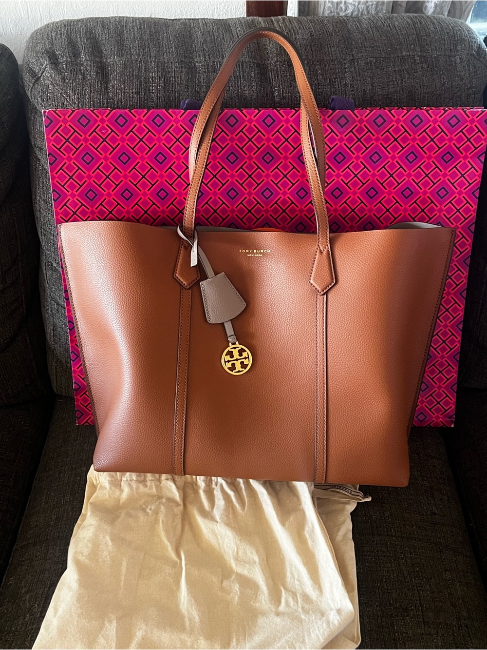 Tory Burch Pebbled Leather Caramel Tote with Gold Logo Charm